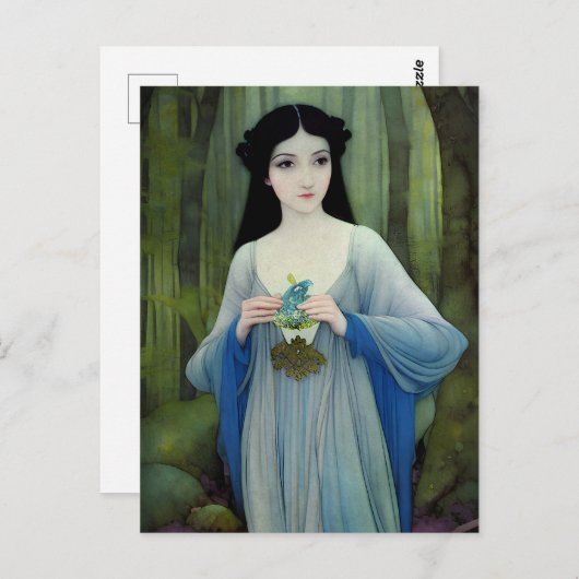 森の中の美しい女性のインクイラストレーション ポストカード (正面/裏面)