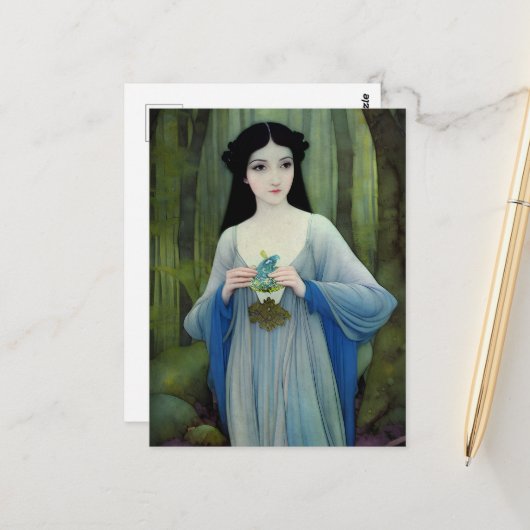 森の中の美しい女性のインクイラストレーション ポストカード (正面/裏面インサイチュ)