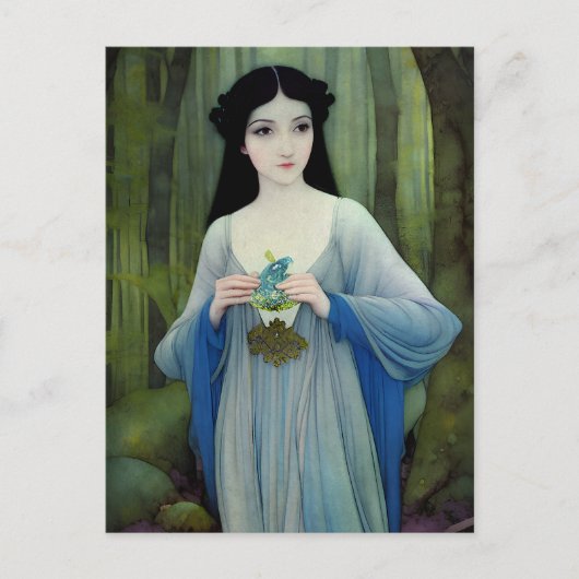 森の中の美しい女性のインクイラストレーション ポストカード (正面)