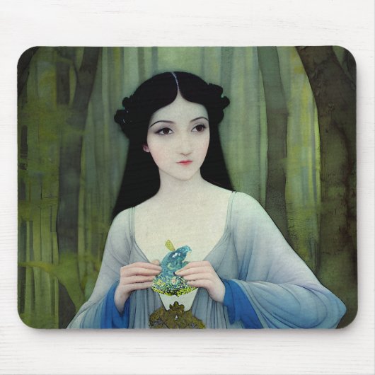 森の中の美しい女性のインクイラストレーション マウスパッド (正面)