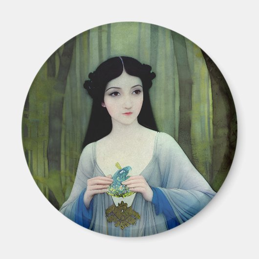 森の中の美しい女性のインクイラストレーション マグネット (正面)