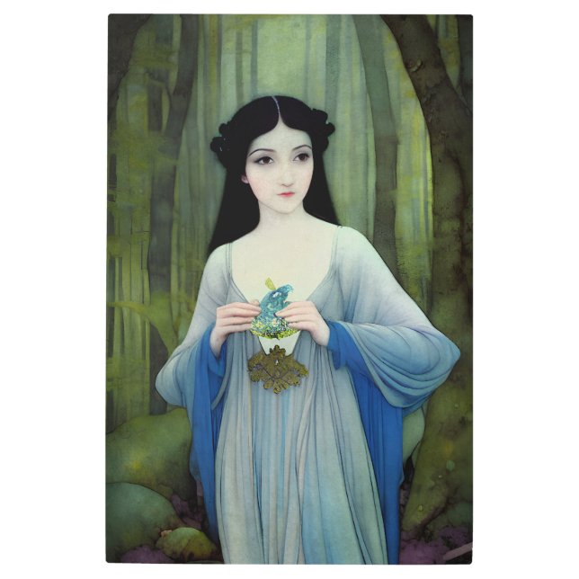 森の中の美しい女性のインクイラストレーション メタルプリント (正面)