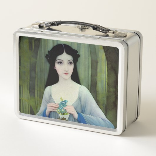 森の中の美しい女性のインクイラストレーション メタルランチボックス (裏面)