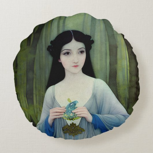 森の中の美しい女性のインクイラストレーション ラウンドクッション (裏面)