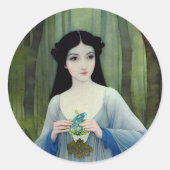 森の中の美しい女性のインクイラストレーション ラウンドシール (正面)