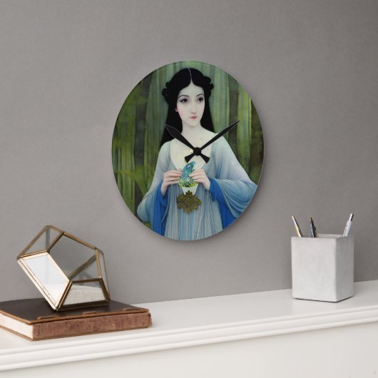 森の中の美しい女性のインクイラストレーション ラージ壁時計 (オフィス)