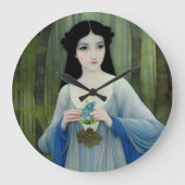 森の中の美しい女性のインクイラストレーション ラージ壁時計 (正面)