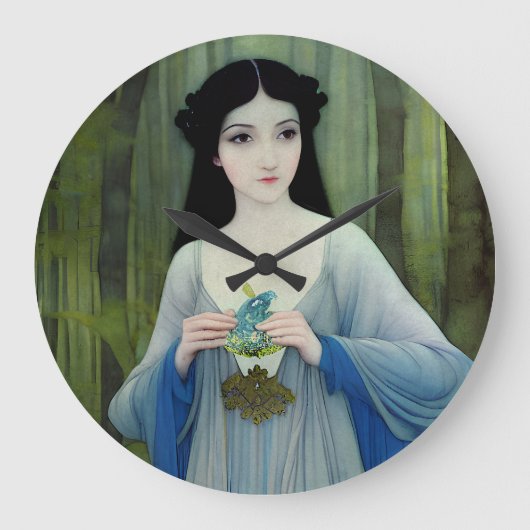 森の中の美しい女性のインクイラストレーション ラージ壁時計 (正面)