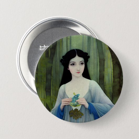 森の中の美しい女性のインクイラストレーション 缶バッジ (正面&裏面)