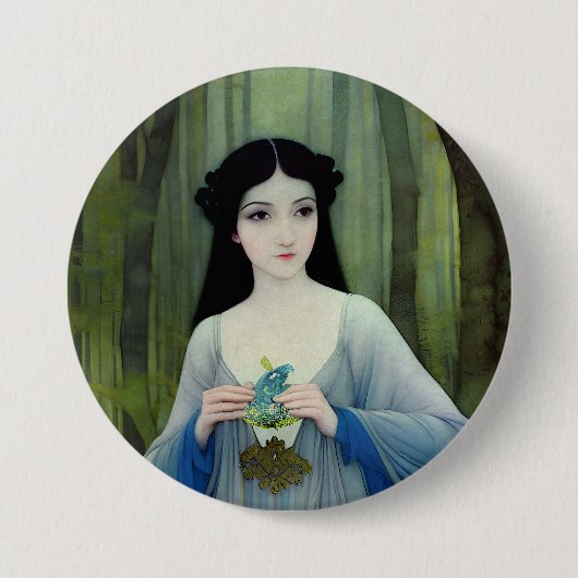 森の中の美しい女性のインクイラストレーション 缶バッジ (正面)