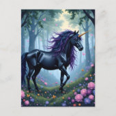 森の中の美しい黒いユニコーン ポストカード (正面)