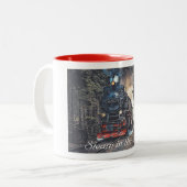 森の中の蒸気列車絵画。 ツートーンマグカップ (正面左)