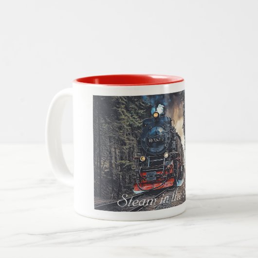 森の中の蒸気列車絵画。 ツートーンマグカップ (正面左)
