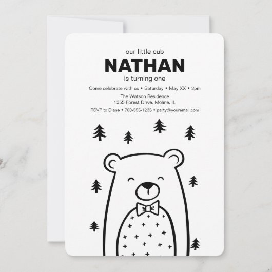 森の中の蝶ネクタイの小熊、誕生日 招待状 (正面)