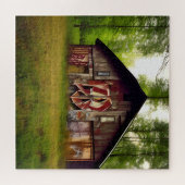 森の中の見捨てられた風化納屋 ジグソーパズル (横)