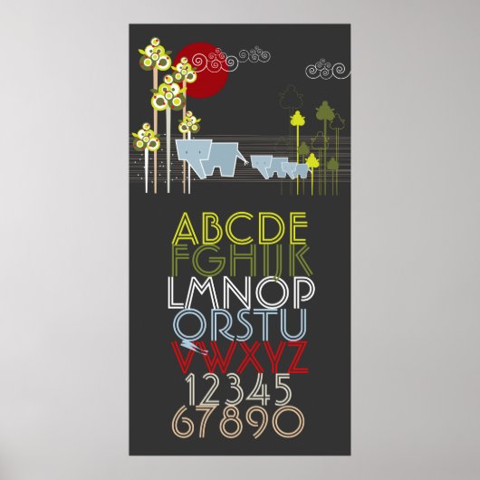 森の中の象の家族アルファベットと数字 ポスター (正面)