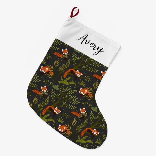 森の中の赤いパンドラ(PANDAS)パーソナライズされた ラージクリスマスストッキング (正面 (吊り時))