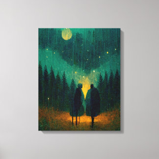 森の中の雨の夜のカップル キャンバスプリント