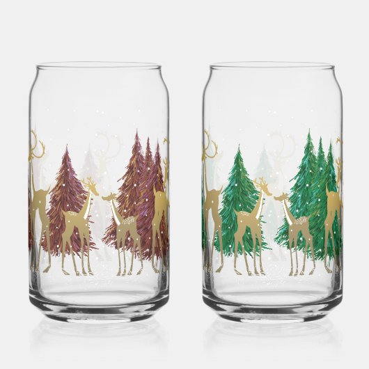 森の中の雪に覆われた冬のシカ ガラス缶 (右)