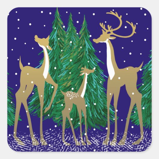 森の中の雪に覆われた冬のシカ |青 | スクエアシール (正面)