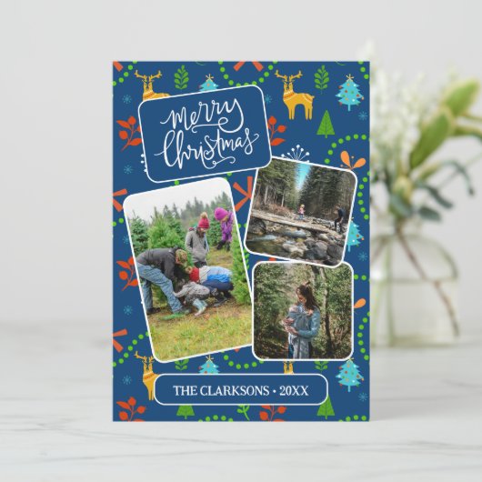 森の中の青いメリークリスマスのパターン写真 シーズンカード (スタンド正面)