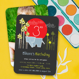 森の中の青い象の男の子の誕生日パーティー 招待状