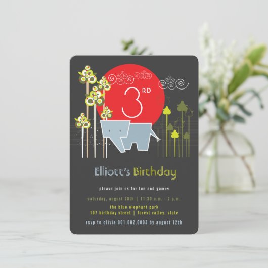 森の中の青い象の男の子の誕生日パーティー 招待状 (スタンド正面)