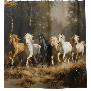 森の中の馬絵画群 シャワーカーテン