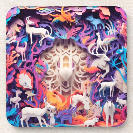 森の中の鹿。紙カットジオラマ コースター (正面)