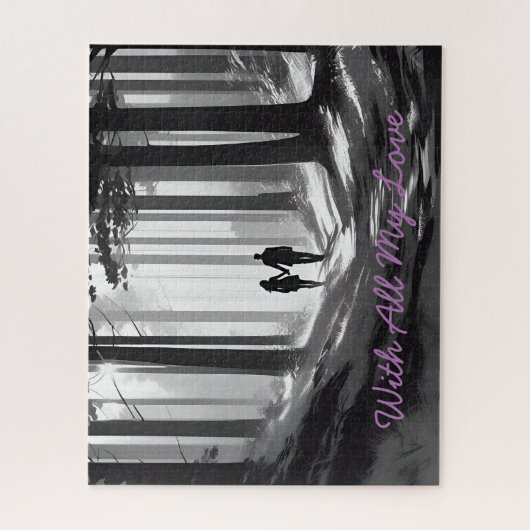 森の中の黒と白のロマンスカップルのシルエット ジグソーパズル (縦)