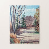 森の中を歩く紅葉の水彩風景 ジグソーパズル (縦)