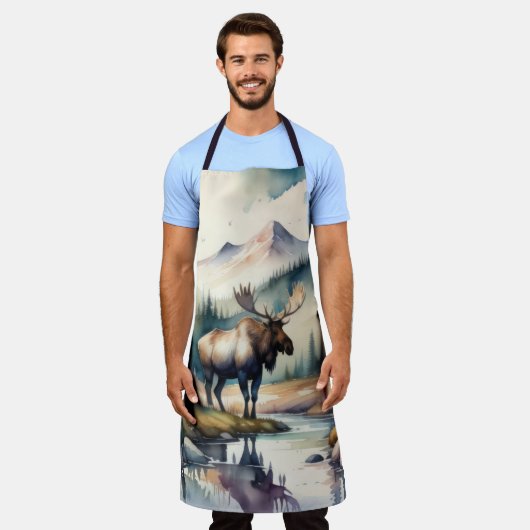 森の中絵画の水の色のムース エプロン (着用した状態)