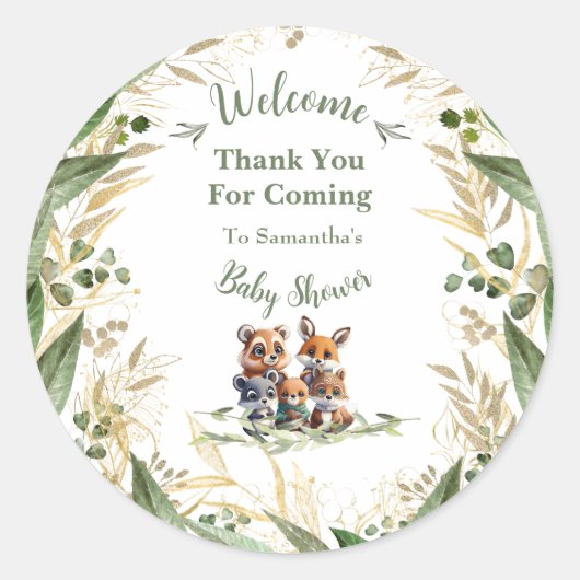 森の中：赤ちゃんシャワーありがとう ラウンドシール (正面)