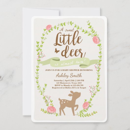 森の乙女のベビーシャワー招待状 ピンクの鹿の赤ちゃん 招待状 (正面)