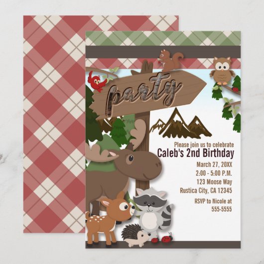 森の仲間たち子供の誕生日パーティー 招待状 (正面/裏面)
