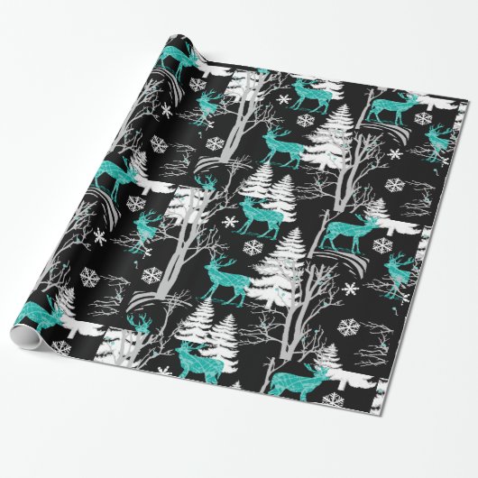 森の休日の包装紙の青いトナカイ ラッピングペーパー (アンロールド)