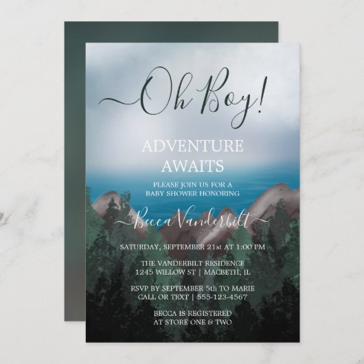 森の冒険が少年の赤ちゃんシャワーを待つ 招待状 (正面/裏面)