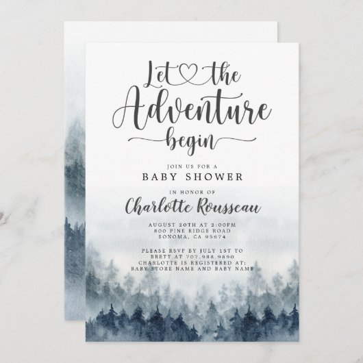 森の冒険が水の色ベビーシャワーを開始 招待状 (正面/裏面)