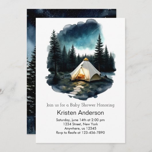森の冒険でのキャンプが赤ちゃんのシャワーを待つ 招待状 (正面/裏面)