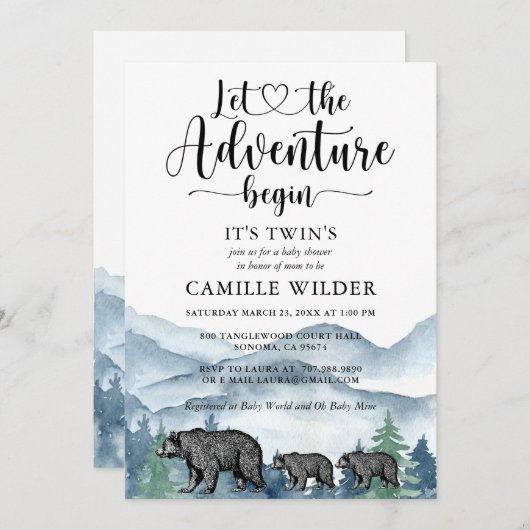 森の冒険の山々が赤ちゃんシャワーを浴びる 招待状 (正面/裏面)