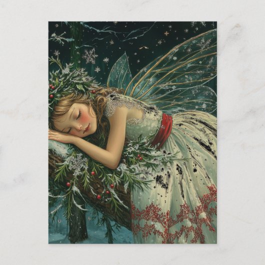 森の冬に羽のある夢のような雪の妖精 ポストカード (正面)