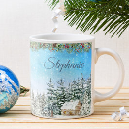 森の冬のキャビン パーソナライズドクリスマス コーヒーマグカップ