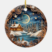 森の冬の夜のキャビン セラミックオーナメント (裏面)