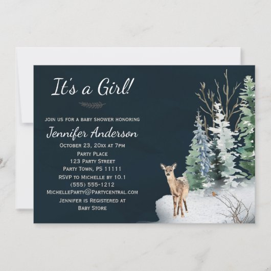 森の冬の森林の森の鹿少女のベビーシャワー 招待状 (正面)