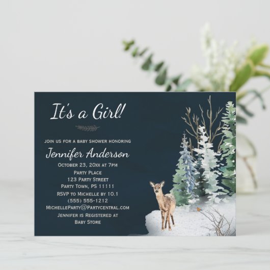 森の冬の森林の森の鹿少女のベビーシャワー 招待状 (スタンド正面)