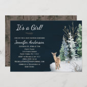 森の冬の森林の森の鹿少女のベビーシャワー 招待状 (正面/裏面)