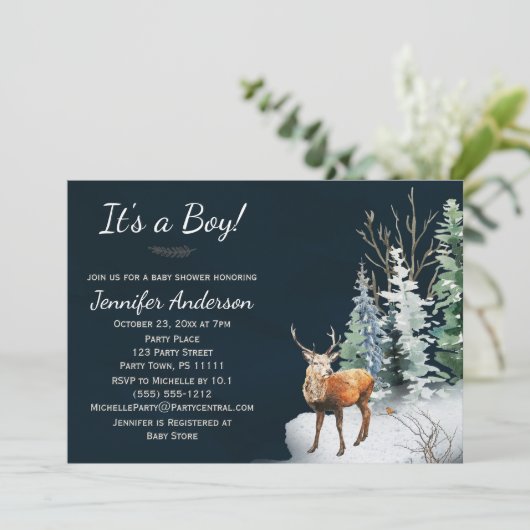 森の冬の森林の鹿の男の子の赤ちゃんシャワー 招待状 (スタンド正面)