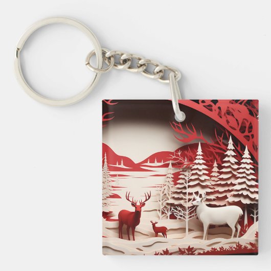 森の冬の3Dトナカイ キーホルダー (正面)