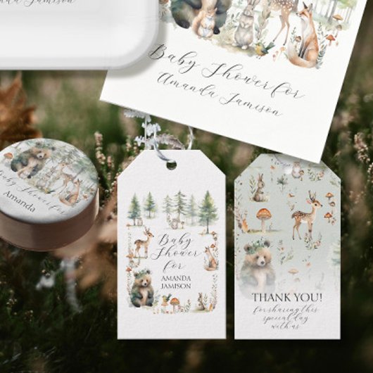 森の動物が鹿にかわいいウッドランドの赤ちゃんシャワーを負担 ギフトタグ