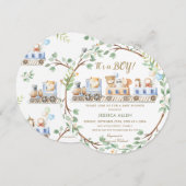 森の動物たちが緑の葉を飾ったベイビーシャワーのお知らせ   招待状 (正面/裏面)